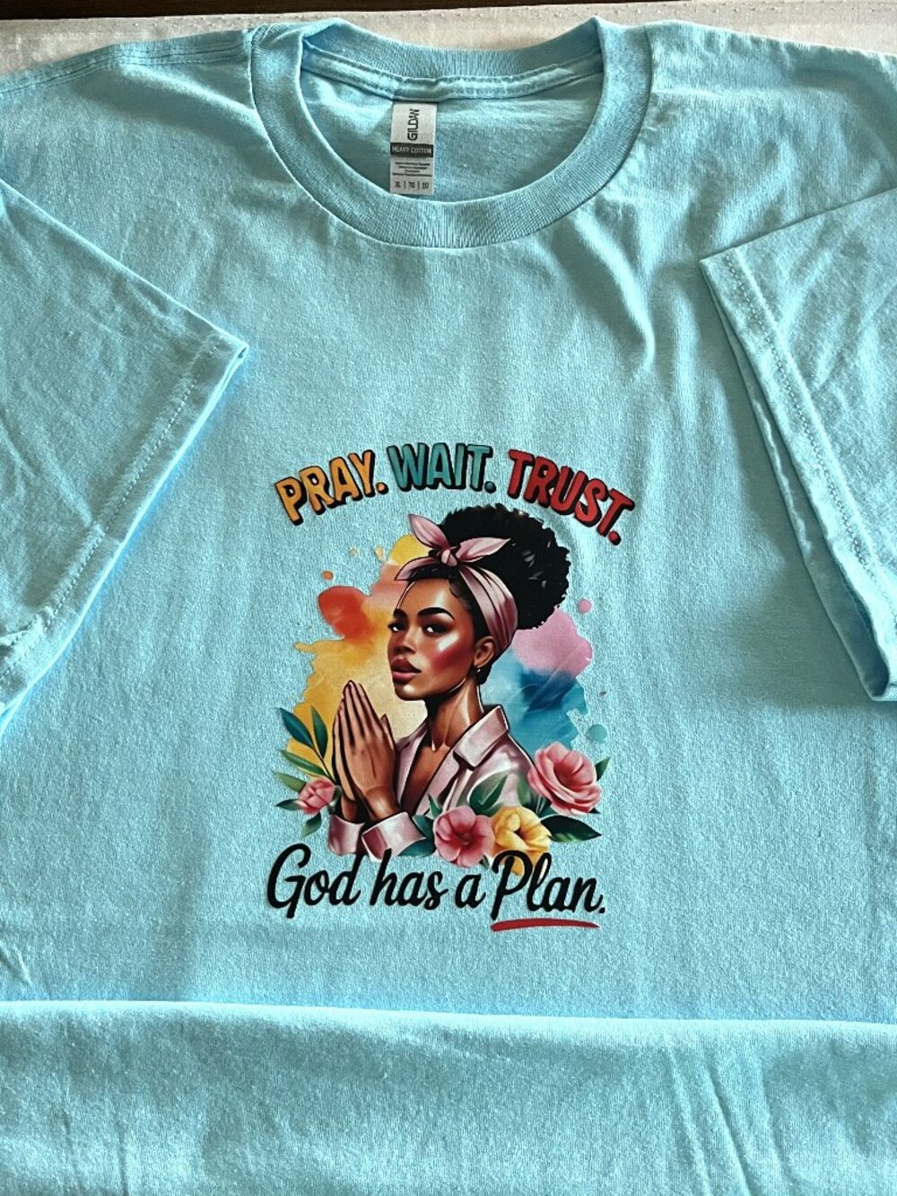 Faith Inspired Pray Wait Trust God Women T-Shirt Size: XL Lt Blue